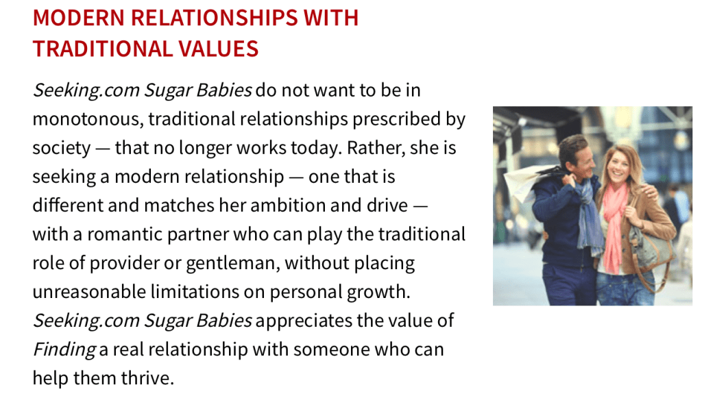 A screenshot from Seeking Arrangement's "About us" page regarding Sugar Babies, this paragraph's title is "modern Relationships with traditional Values."
