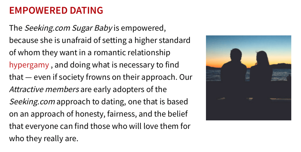 Screenshot of Seeking Arrangement.com's page explaining what it means to be a "sugar baby," the section titled "empowered dating"