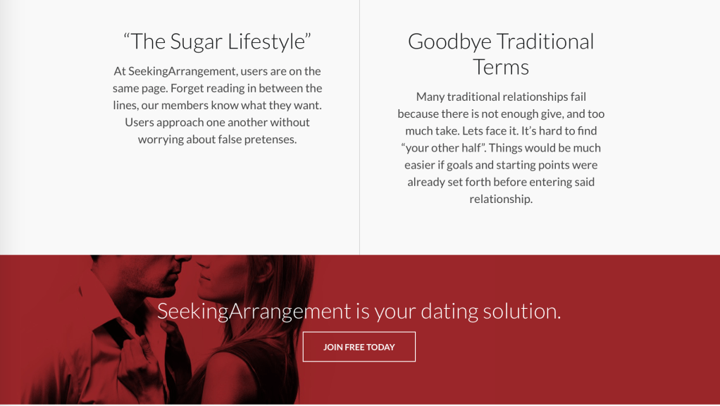 Three portions of the Seeking Arrangement.com "About us" page highlighting the sugar lifestyle, the fact that traditional terms are thrown out the window, and that Seeking is a solution to dating problems. 