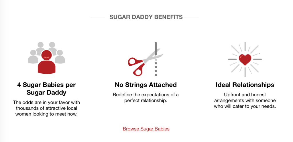 Three graphic images used to explain the benefits of being a sugar daddy on Seeking Arrangement.com: $ Babies per sugar daddy, no strings attached, and ideal relationships!