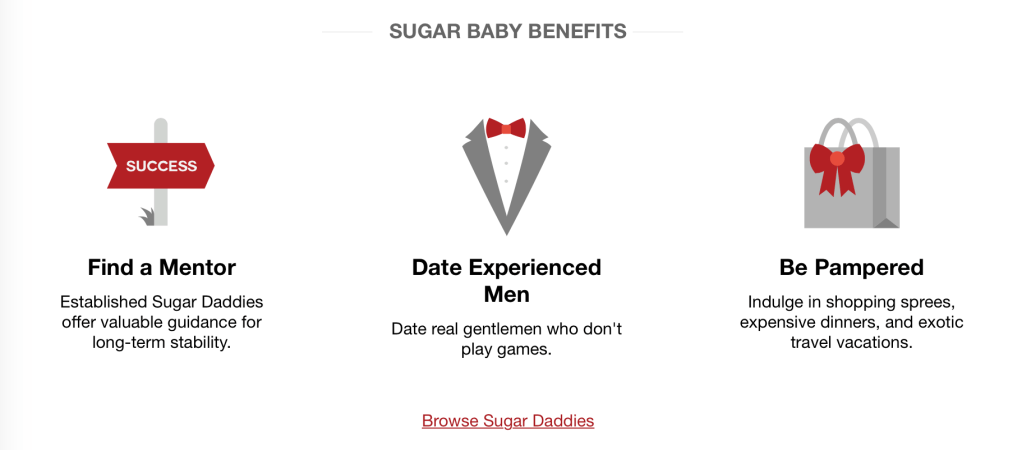 Three images used by seeking arrangement to describe the benefits of having a sugar daddy: finding a mentor, dating experienced men and being pampered. 