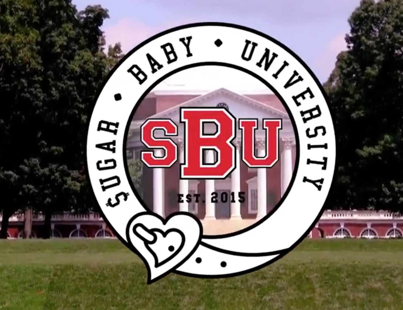 Screenshot of a logo for "Sugar baby university" in front of a university-looking building with big white columns and a big lawn. 